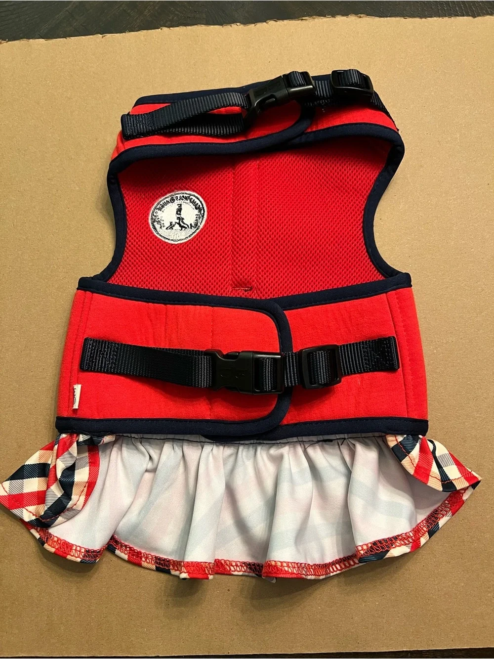 Ellen Degeneres Red & Navy Plaid Ruffle Dog Life Jacket Dress. Size M